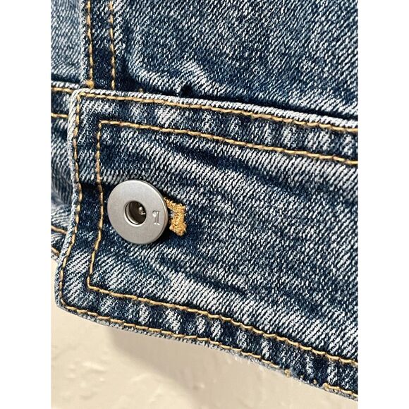 ~ Pilcro Lg Jean Jacket Cropped Denim Anthropologie Blue Raw Edge Stretch Large - Picture 12 of 14